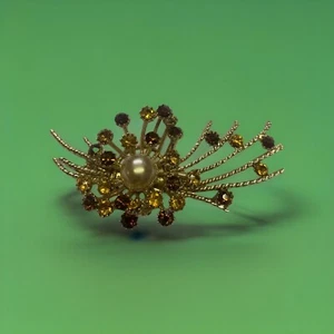 Broche Vintage Años 50 Imitación Topacio Tono Dorado - Ámbar/Coñac - Spray Floral - - Imagen 1 de 3