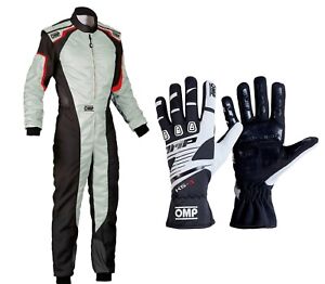 OMP Driver Set Suit and Gloves Bundle for Go Karting and Rally Racing Grey