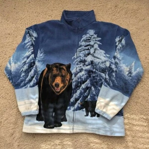 Trail Crest Blue AOP Snowy Winter Grizzly Bear Full-Zip Fleece Jacket Mens XL - Picture 1 of 6