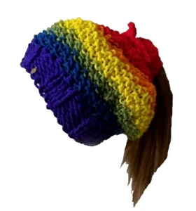 Gay Pride, LGBT Knit Ponytail Hat or Messy Bun Hat, Hair Sleeve and Earmuff Pads - Picture 1 of 6