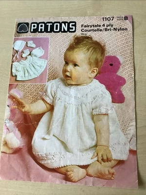 Patons 1107 knitting pattern baby 4 ply ribbon eyelet dress, coat, bootees & hat - Image 1 of 2