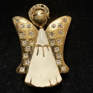 Vintage Gold Tone & White Guardian Angel Rhinestones Brooch Christmas (Lot# 513) - Picture 1 of 5