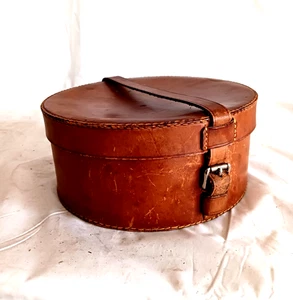 LEDER BOX SCHATULLE RUND SCHACHTEL 70ER JAHRE BRAUN VINTAGE - Picture 1 of 10
