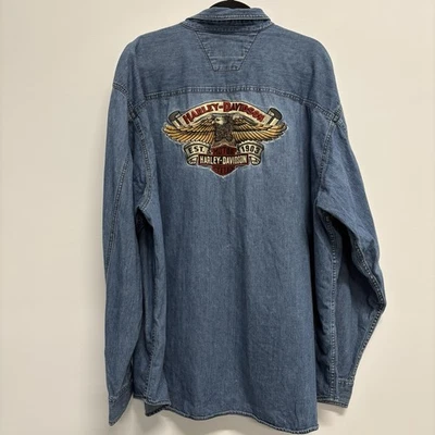Vintage Harley Davidson Blue Denim Long Sleeve Shirt Men’s 3XL Embroidered Biker - Image 1 of 4