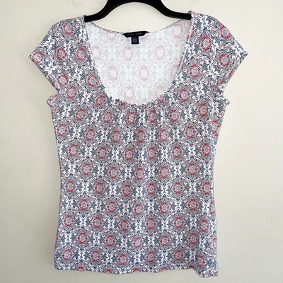 Tommy Hilfiger Camiseta Top Mujer Talla M Tejida Azul Blanco Rojo Damasco Manga Corta Foto 1 de 4