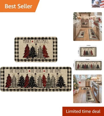 Juego de 2 alfombrillas de cocina Buffalo Plaid árbol de Navidad feliz Navidad, invierno hogar de... Foto 1 de 4