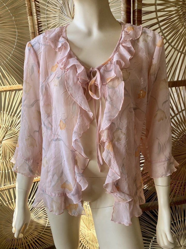 "Dior" Pink Sheer Floral Ruffle Tie Blouse Women's 3/4 Sleeve Size 44 - Image 1 of 4