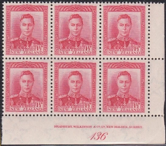 NEW ZEALAND GVI 1½ red plate block #136 MNH................................A6770 - Image 1 of 1