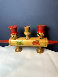 Vintage Wooden Salt Pepper Shakers Toothpick Holder Rolling Pin Display Mexico - Picture 1 of 4