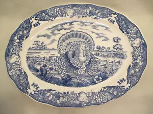 VTG Thanksgiving~Fall~Harvest~Fruit~Turkey Platter Blue~White Transferware Japan - Picture 1 of 11