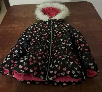 Girls Puffer Coat Jacket Sz 5/6 London Fog Hearts Zip Fleece Black Multi Color  - Image 1 of 4