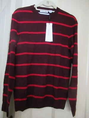 NWT Calvin Klein Deep Maroon Round Neck Sweater/ Red Stripes/ Merino/ Acrylic-XS - Image 1 of 4