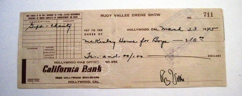 1945 Rudy Vallee Signed Check to "McKinley Home For Boys" * Cover
