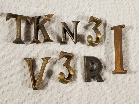 Lot of 8 Solid Brass Letters with Pins Attached Vintage Cover