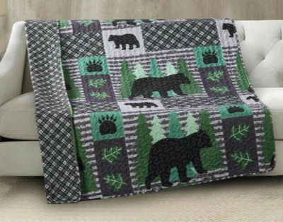 Reversible Soft Quilted Mountain Whispers Bear Cub Pine Tree Throw Blanket 50x60 - Image 1 of 2