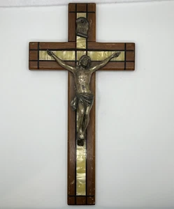 Vintage Wooden Crucifix With Inlays and Brass Jesus Christ Catholic Cross 10" - Picture 1 of 9