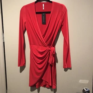 Cefian USA NWT Women’s Red Bodycon Mini Dress Long Sleeve Front Wrap V-Nk Small - Picture 1 of 9