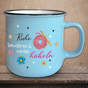 Vintage Jumbo Tasse Hellblau mit Spruch T166 "...weiter häkeln″ Geschenk 350ml - Bild 1 von 4