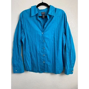 Chico's Additions Womens Crinkle Long Sleeve Button up  Shirt 3 Women XL Blue - Picture 1 of 10