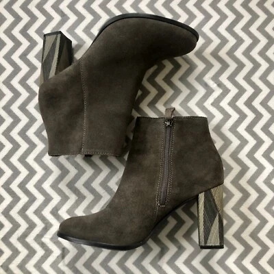Anthropologie Matisse Metric Geo Stripe Block Heel Grey Suede Booties, Size 8.5 - Image 1 of 4