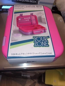Girls Pink Plastic Bento Box Childs Lunch Box w Utensils, Separate Compartments - Picture 1 of 1