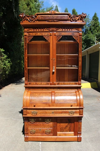 Spectacular Burl Walnut Victorian Cylinder Roll Secretary Desk w Roaring Lions Cover