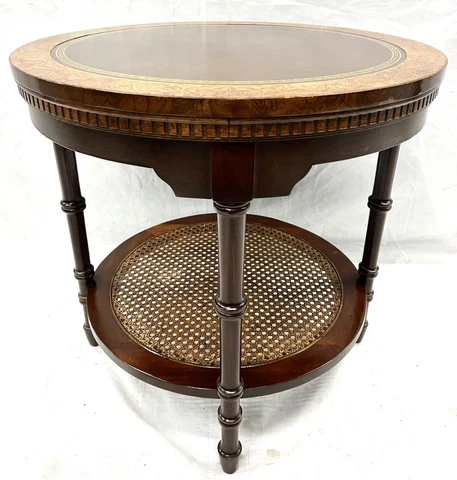 Hekman antique two tier, tooled leather /woven rattan burled wood round table Cover