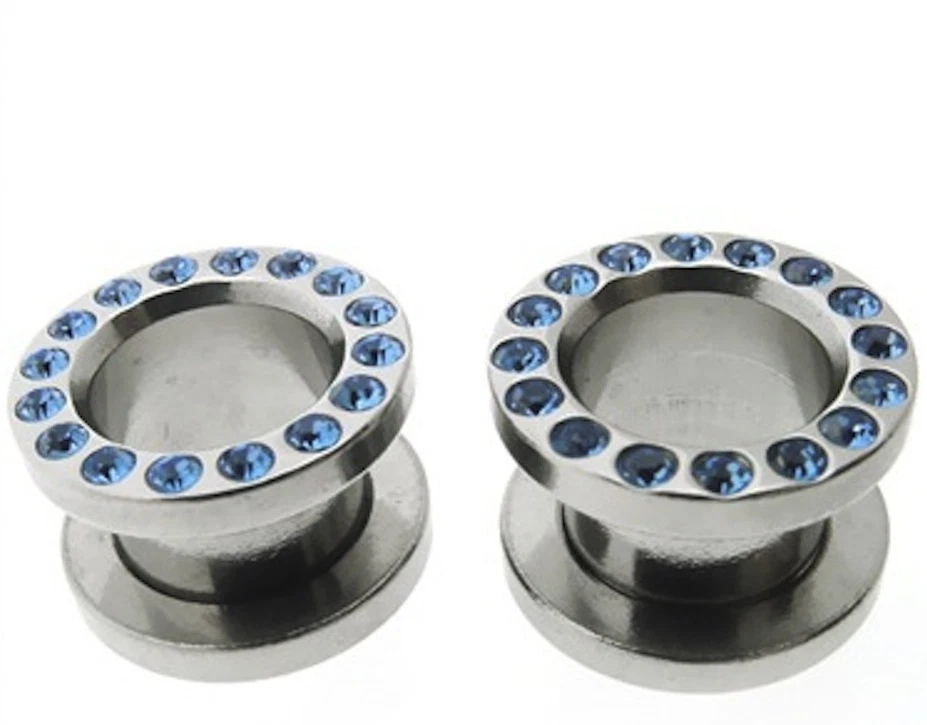 PAR DE TÚNELES DE CARNE GEMA de 00 g con tapones para orejas piedras azules dk  Foto 1 de 1