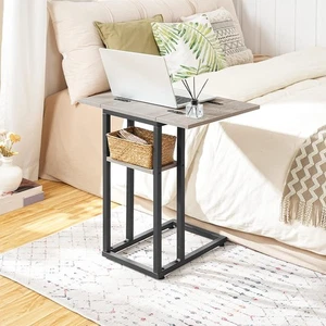 HOOBRO Foldable End Table C Shaped Side Table w Storage Shelf Snack Table Greige - Picture 1 of 9