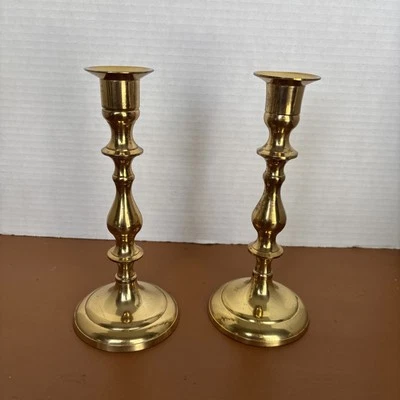 Vintage Pair of 7.5" MCM Made in India Brass Spindle Round Base Candlesticks - Image 1 of 4