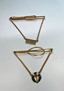 Swank Gold Plated Vintage Tie Bar chain & 2nd Irish Thistle Enamel Tie Bar Chain - Picture 1 of 14