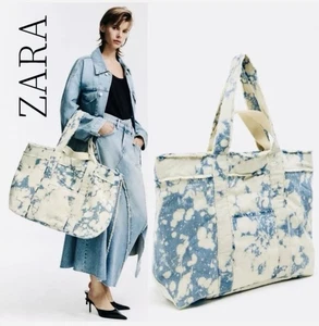 New Zara Denim Bleach Blue White Tie Dye Maxi Tote Oversized Shoulder Bag XL - Picture 1 of 8