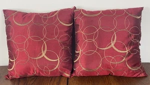 2 Burgundy Satin Accent Throw Pillows Gold Embroidered Circle Design Art Deco - Picture 1 of 13