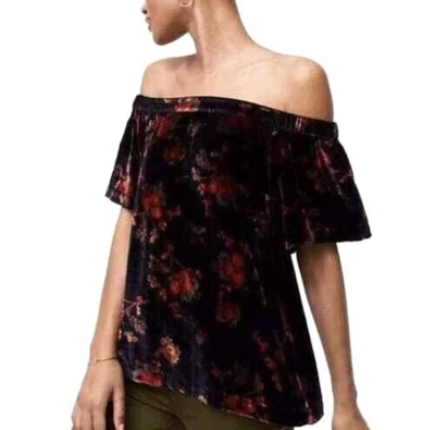 Camisa Top Mujer Loft Terciopelo Fuera del Hombro Pequeña Negra Estampado Floral Foto 1 de 4