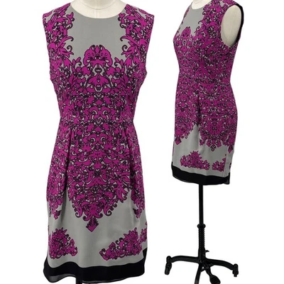 Vestido Vaina Seda Milly Sin Mangas Barroco Damasco Floral Púrpura Gris Para Mujer 4 Foto 1 de 4
