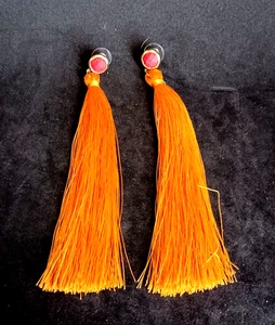Earrings Orange Tassel Fauceted Acrylic Cabochons Long Gold Tone Pierced 5" - Picture 1 of 8