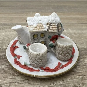 Miniature Tiny Tea Coffee Set Winter Theme Snowman Holiday Resin 7 pieces - Picture 1 of 6