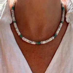 Genuine 6mm White Buffalo & Kingman Arizona Turquoise Heishi Necklace, Unisex - Picture 1 of 8