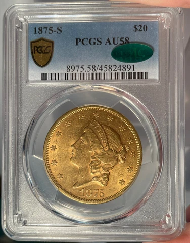 1875-S $20 PCGS AU 58 CAC Type2 Liberty Gold Double Eagle Cover