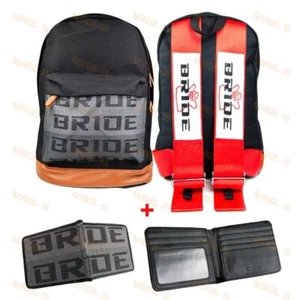 SET JDM Bride Racing Seat Cloth Backpack RED Harness Strap + Dark Fabric Wallet - Picture 1 of 7