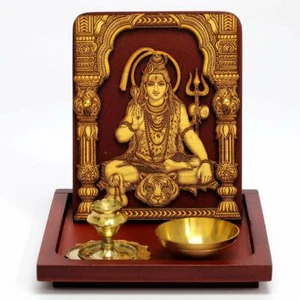 Wooden Lord Shiva Idol with Wooden Base and Brass Dhoop Agarbatti Stand US - Picture 1 of 3