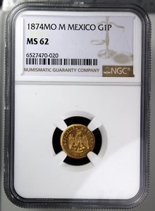 1874/3-Mo ~ Mexico ~ Gold ~ 1 Peso ~ NGC MS 62 ~ NGC Certified 1874 over 1873 - Picture 1 of 7