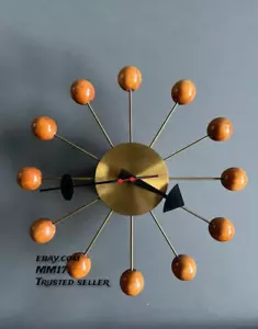 George Nelson Mid Century Ball Clock in Brass and Wood Vintage Home Decor - Picture 1 of 9