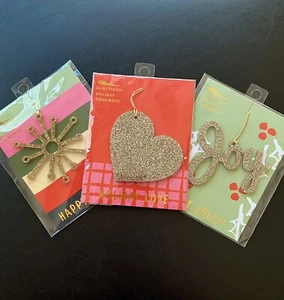 3 Lucky Feather Gold Glitter Holiday Christmas Ornaments: JOY HEART SNOWFLAKE - Picture 1 of 9