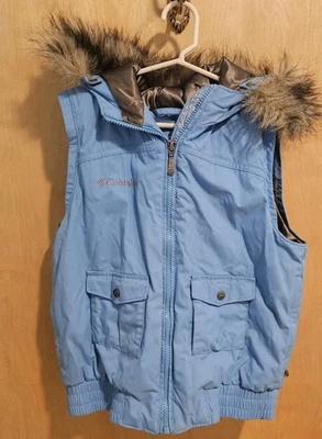 Chaleco Columbia Azul Imitación Piel Capucha Jóvenes Niñas Puffer Cremallera Completa Talla 10/12 Foto 1 de 4