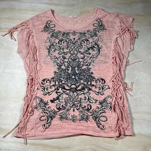 A6041 Vocal Fringe Studded Embellished Tee Shirt Size XL Festival Tank Pink - Picture 1 of 7