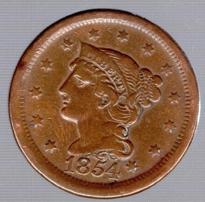 1854 braided hair  large cent extra fine - Image 1 of 2