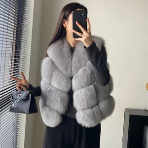 Chaleco de piel de zorro de invierno Abrigo Top Mujer Juventud Lujo Moda Fiesta Real Piel de zorro Cestón - Imagen 1 de 25
