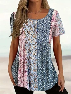 Floral Print Crew Neck T Shirt Casual Short Sleeve XXL - Picture 1 of 3
