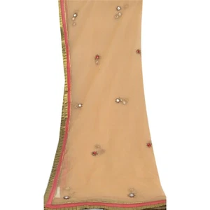 Sanskriti Vintage Dupatta Long Stole Net Mesh Peach Hand Beaded Patch Work - Picture 1 of 11
